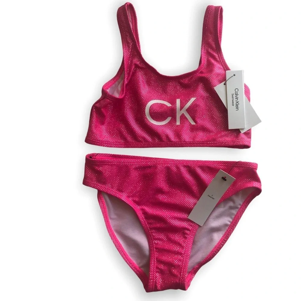 Calvin Klein Girls Pink‎ Glo Shimmer Bikini Set Size M